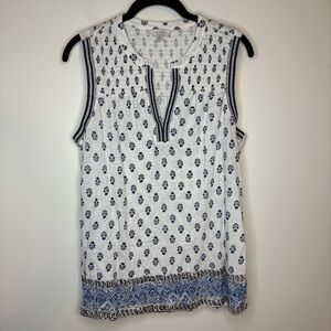 Lucky Brand White and Blue Floral Smocked V-neck Tank Top Size Medium